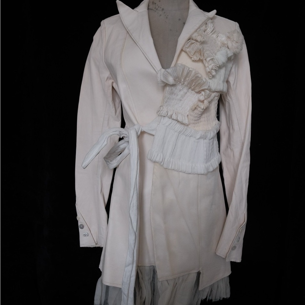 Avant-Grade white wool designer coat with folded flowers and textures